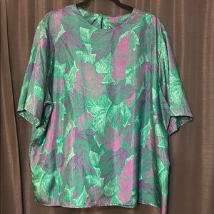 Notations Green and Pink Leaf Print Blouse